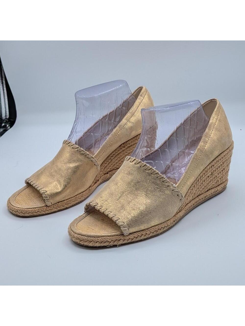 Jack Rogers US 9 Gold Metallic Leather Palmer Espadrille Wedge Peep Toe Sandals